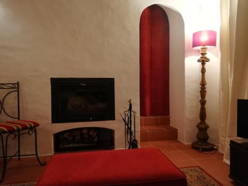 欧里基Solar da Cavalariça的客厅设有壁炉和红色地毯。