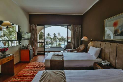 阿斯旺阿斯旺巴斯玛酒店的酒店客房设有两张床和大窗户。