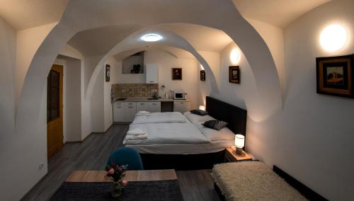 克拉托维Penzion U Hejtmana的拱形客房内的一间卧室配有一张大床
