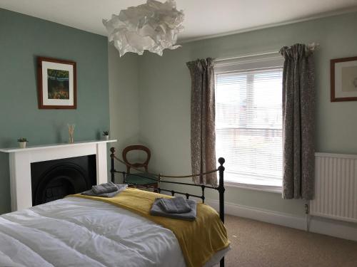 赫里福德Clifton House的一间卧室配有一张床、一个壁炉和一个吊灯。