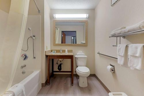 李城Quality Inn的浴室配有卫生间、盥洗盆和浴缸。