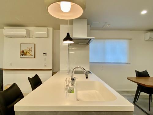 名古屋Villa Monica的白色的厨房配有水槽和桌子