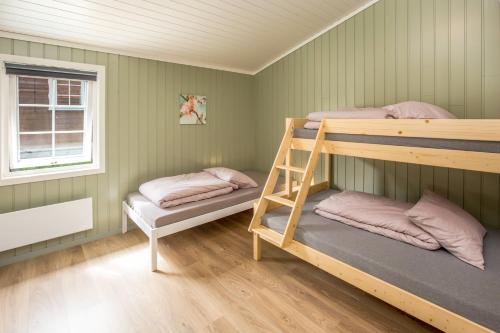 弗洛姆Flåm Camping & Cabins的一间卧室设有两张双层床和一扇窗户。
