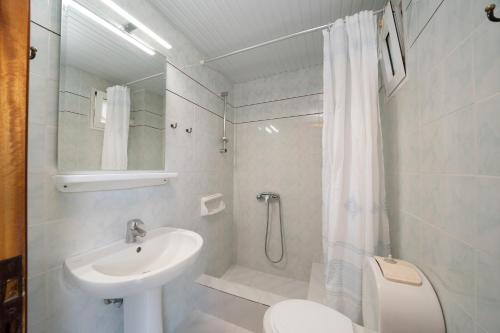 拉瑟Lorenzo Hotel的一间带水槽、卫生间和淋浴的浴室