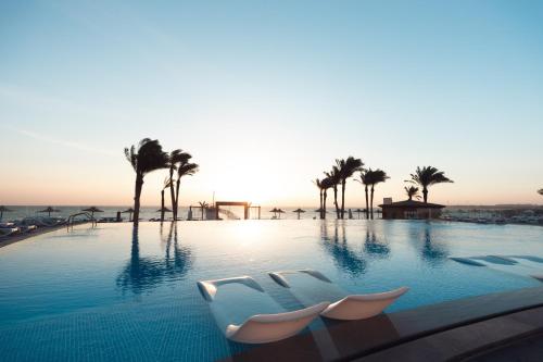 艾因苏赫纳Cancun Sokhna Resort & Villas的一个带躺椅的游泳池,棕榈树