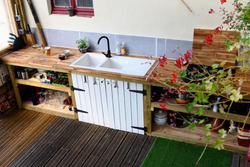 AzurThe Secret Spot Lodge的厨房配有水槽和一些植物