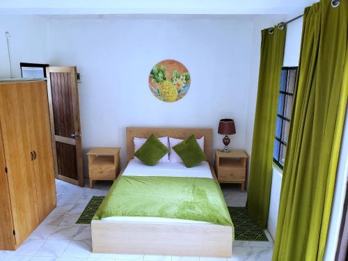 CanouanBay View Studio Apartment 3B - Canouan Island的一间卧室配有一张带绿色窗帘的床