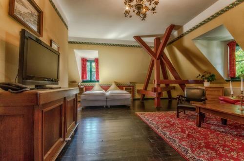 萨勒河畔瑙姆堡楚亨酒店的客厅配有大电视和沙发