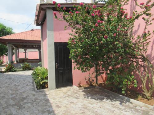 雅温得Villa à Odza borne 12 Aéroport a 10min的粉红色的房子,有黑色的门,灌木丛有粉红色的花朵
