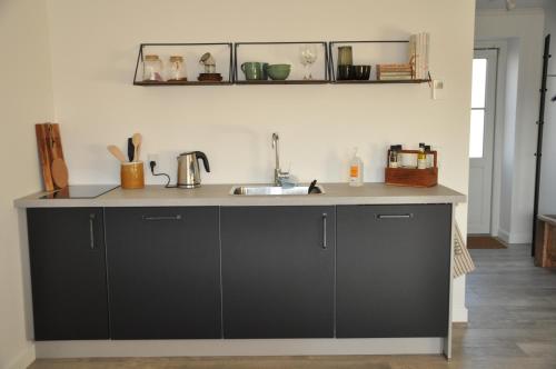 罗斯基勒Kærgaard的厨房配有黑色橱柜和水槽