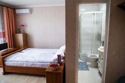 切尔诺夫策Sweet Home Hostel的一间卧室配有一张床,浴室设有淋浴。