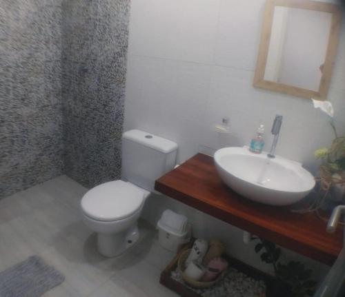尼西亚弗洛雷斯塔Apartamento Duplex beira Mar的一间带卫生间和水槽的浴室