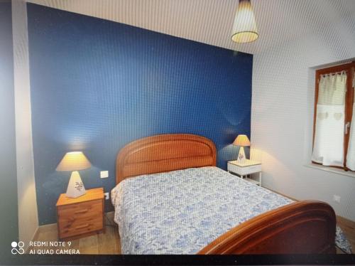 拉布尔布勒Agréable T2 avec petite cour privative的一间卧室设有蓝色墙壁、一张床和两盏灯。