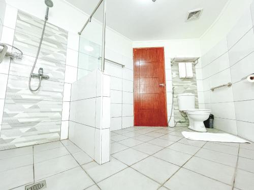 黎牙实比Hotel Sentro Legazpi的带淋浴和卫生间的浴室以及红色门。