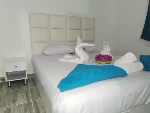 沙姆沙伊赫Sunshine Divers Club - Il Porto的一张带毛巾和鲜花的白色床