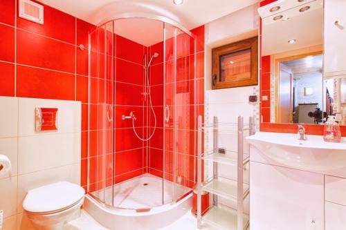 凯尔采Nowoczesny Domek Góralski的带淋浴、卫生间和盥洗盆的浴室