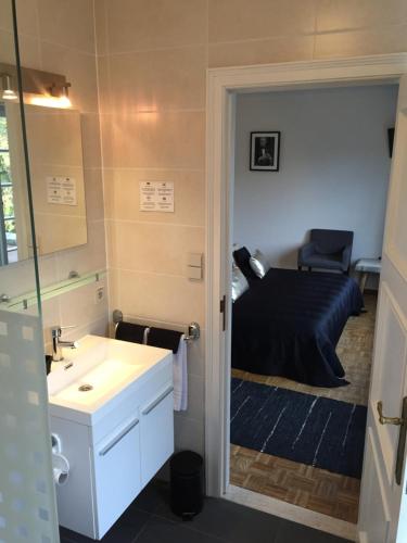 贝尔内姆Hotel Ten Lande的一间带水槽的浴室和一张位于客房内的床