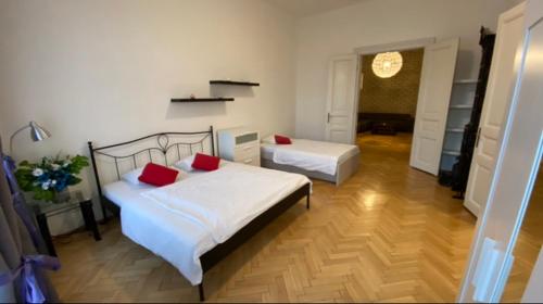 布拉迪斯拉发Apartment HVIEZDKO的一间卧室配有两张带红色枕头的床