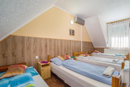 蒂萨菲赖德菲雷迪公寓酒店的阁楼卧室配有两张床和浴缸