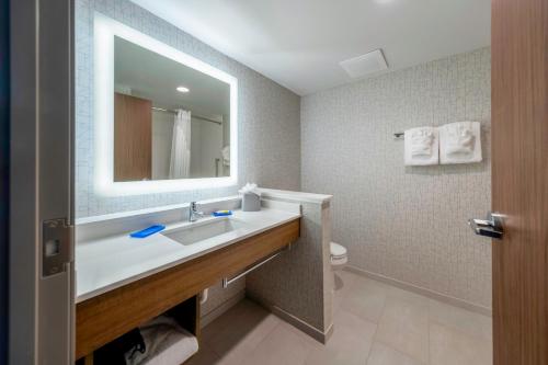 斯汤顿Holiday Inn Express & Suites - Staunton, an IHG Hotel的一间带水槽、镜子和卫生间的浴室