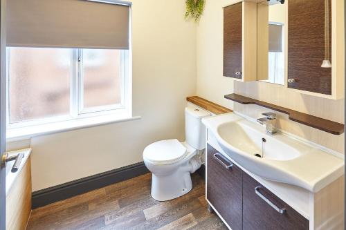 里士满Queens Road 2 Bed apartments Central Richmond的一间带卫生间、水槽和窗户的浴室