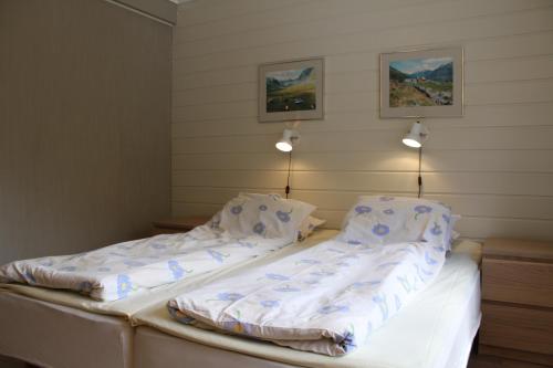Jostedal加斯特代尔酒店的墙上有两张照片的房间,配有两张单人床