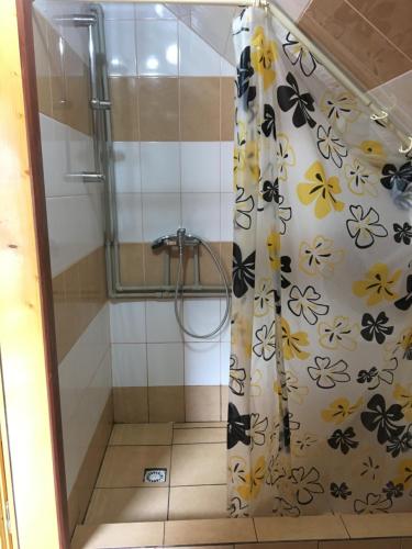 舍绍里Шепіт лісу的浴室内装有鲜花的浴帘