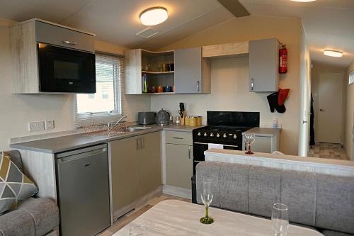 米勒姆Plot 8 Lakeside Cabin, Wyldecrest, Millom的一间带炉灶和沙发的小厨房