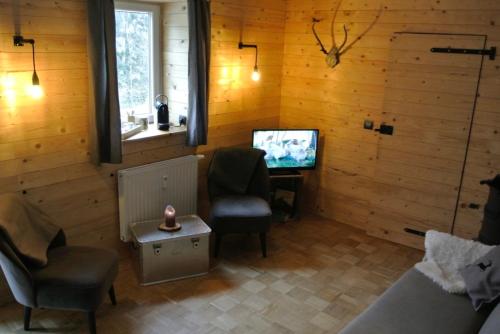 阿尔特瑙Altes Forstamt Altenau的客厅配有电视、沙发和椅子