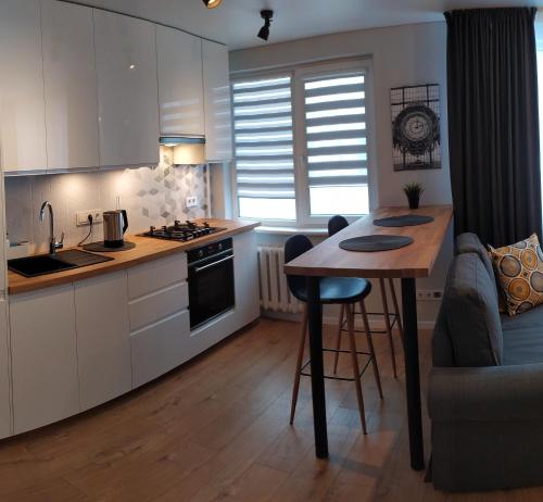 阿利图斯Studija Alytuje的厨房以及带桌子和沙发的客厅。