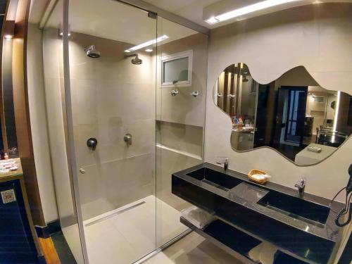 贝洛奥里藏特Motel Dallas的带淋浴、水槽和镜子的浴室