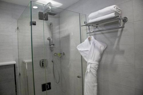 安曼Seas Hotel Amman的带淋浴的浴室和玻璃门