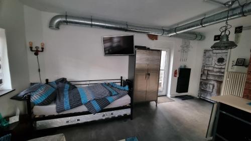 哈廷根Kohle und Stahl的卧室配有一张床,墙上配有电视