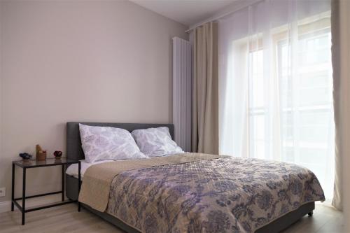 华沙EXCLUSIVE 2BR! Apartment in CENTER +NETFLIX +GYM的一间卧室设有一张床和一个大窗户