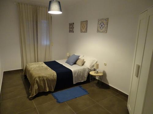 赫雷斯-德拉弗龙特拉Casasjerezanas Vistaflor2的一间卧室配有一张带蓝色枕头的床。