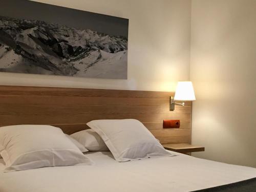 波特斯巴德科罗酒店的一张带两个白色枕头的床和一张墙上的照片