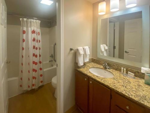 米德尔堡海茨MainStay Suites Middleburg Heights Cleveland Airport的一间带水槽、卫生间和镜子的浴室