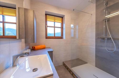 埃本塞Ferienwohnung Kogelblick的白色的浴室设有水槽和淋浴。