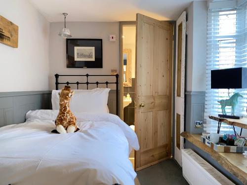 布莱顿霍夫27 Brighton Guesthouse的长颈鹿坐在卧室的床上