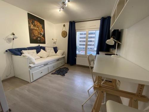 斯特拉斯堡Appartement Esplanade的客房设有床、书桌和窗户。