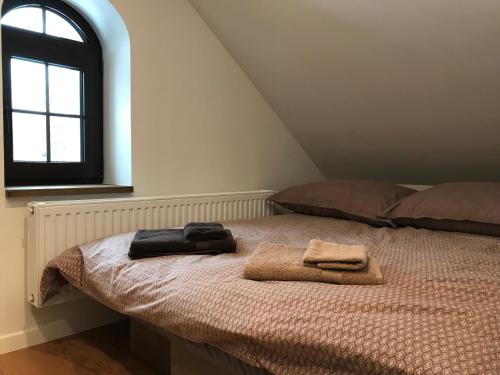 斯托尼拉斯奇Apartamenty GOSZOWIANKA的一间卧室配有一张床,上面有两条毛巾