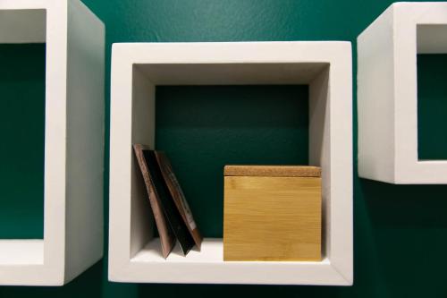 里加Brassy apartment的绿色墙上的白色盒子,书