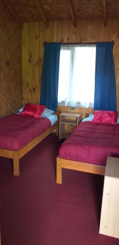 普孔Hospedaje Picoyo的一间卧室设有两张床,窗户配有蓝色窗帘
