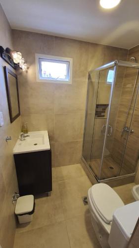 乌斯怀亚Bahia's flat的带淋浴、盥洗盆和卫生间的浴室