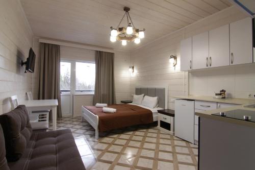 科索夫Villa Medova的一间带一张床的房间和一个带沙发的厨房