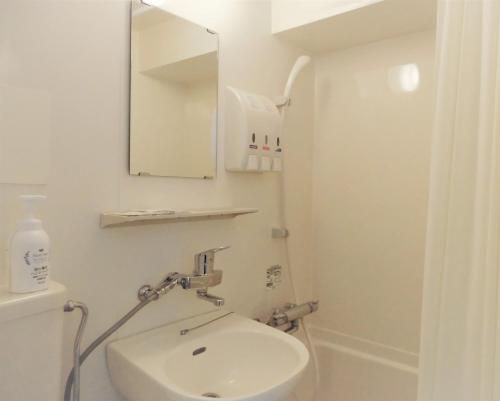 东京Olympic Inn Shibuya的白色的浴室设有水槽和镜子