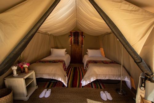 乌鲁班巴Glamping Chaska Ocupi的一间帐篷内带两张床的卧室