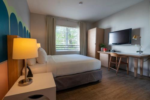 迈阿密海滩Viajero Miami的酒店客房配有一张床、一张书桌和一台电视。