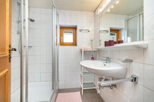 弗拉绍Laubichlhof的白色的浴室设有水槽和淋浴。