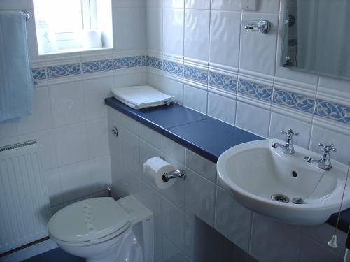 约维尔中途之家乡村旅馆的白色的浴室设有卫生间和水槽。